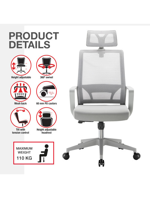 Mesh Office Chair Cambridge Plus Grey Office Chair CH-CAMP-GRY - enlarged view